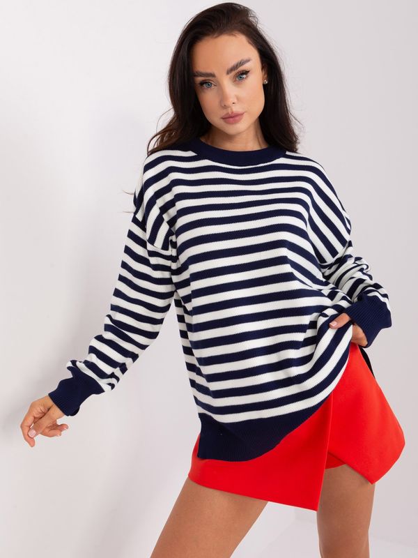 Fashionhunters Navy blue and ecru women's oversize sweater with a striped pattern