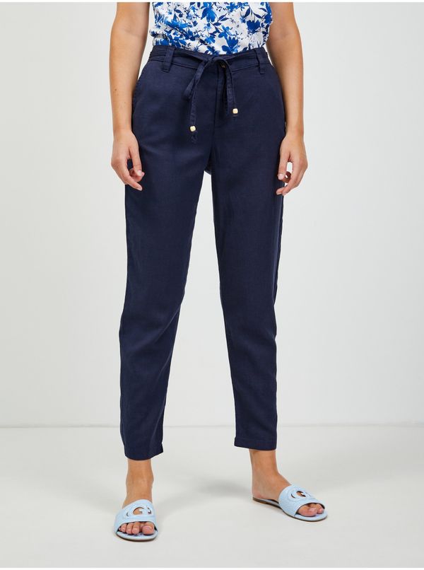Orsay Navy blue cropped linen chinos with ties ORSAY