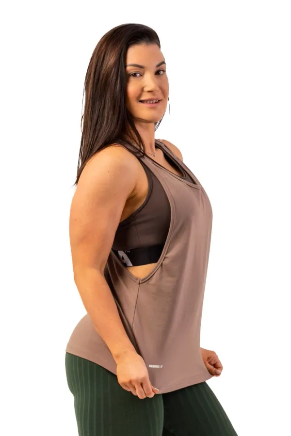 NEBBIA Nebbia Loose long tank top "Feeling Good" with a criss-cross at the back 419 brown L