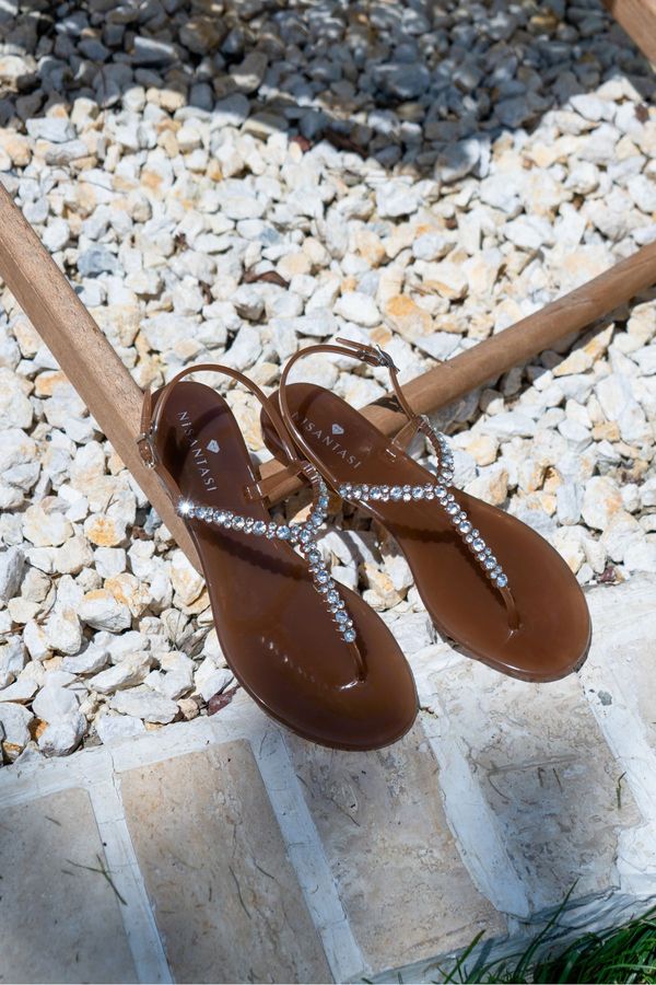 NİŞANTAŞI SHOES NİŞANTAŞI SHOES Lassie Earth Color Stone Detail Ankle Tied Flat Sole Women's Sandals