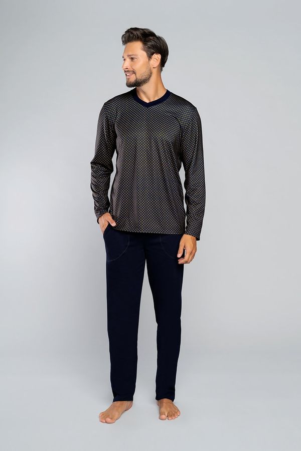 Italian Fashion Norman men's pajamas long sleeves, long trousers - rosette print/navy blue