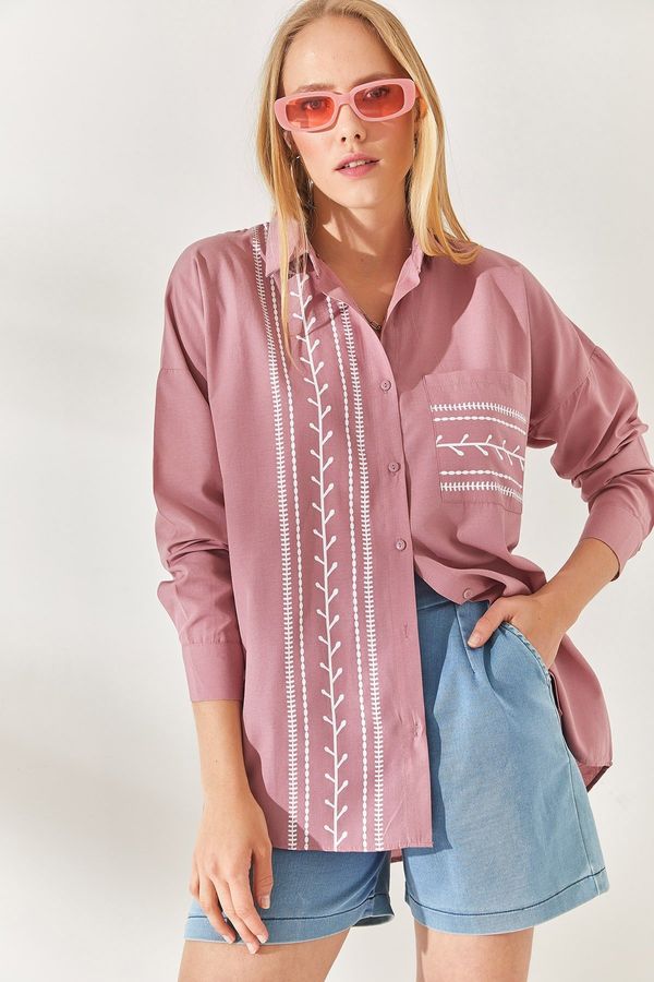 Olalook Olalook Dried Rose Pocket Detailed Printed Woven Shirt