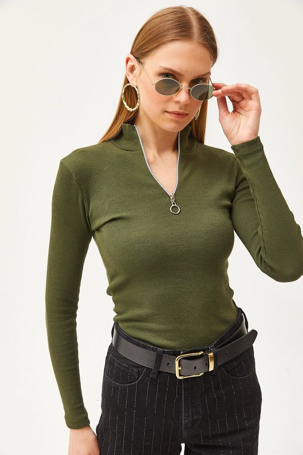 Olalook Olalook Khaki Zippered Turtleneck Lycra Blouse