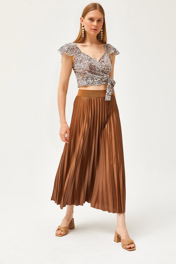 Olalook Olalook Milk Brown Leather Look A-Line Pleat Skirt