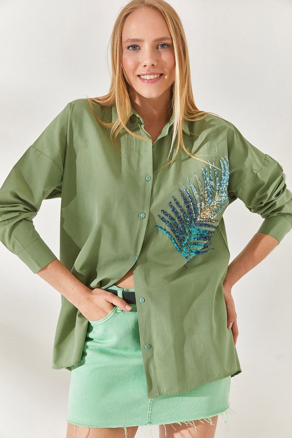 Olalook Olalook Mustard Green Palm Sequin Detail Oversized Woven Poplin Shirt