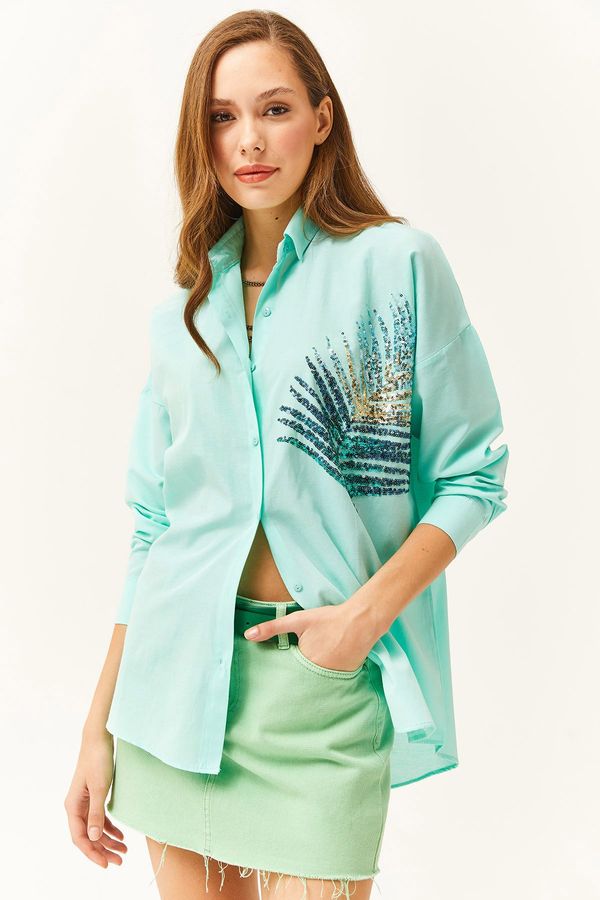 Olalook Olalook Women's Aqua Green Palm Sequin Detailed Oversize Woven Poplin Shirt