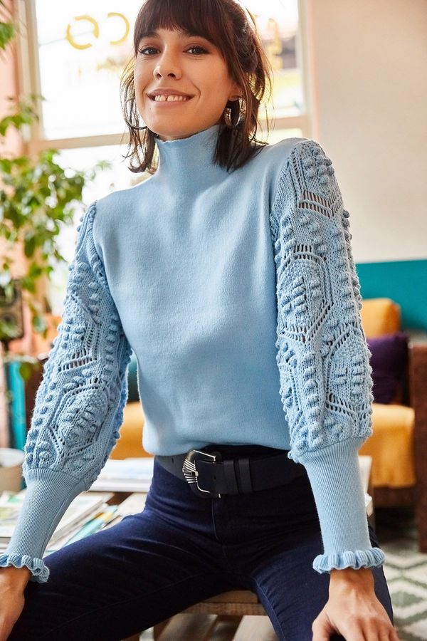 Olalook Olalook Women's Baby Blue Sleeve Detailed Soft Textured Knitwear Sweater
