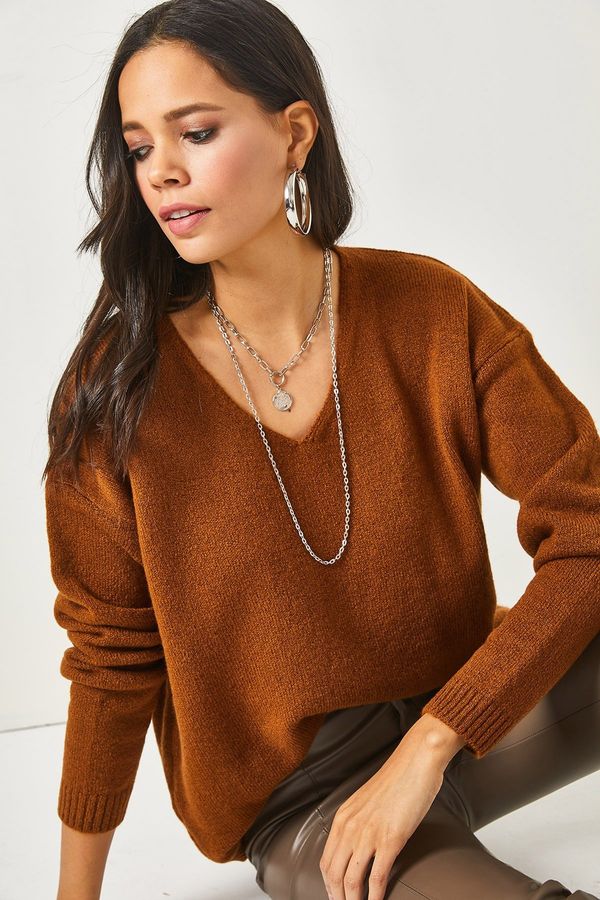 Olalook Olalook Women's Bitter Brown V-Neck Soft Textured Knitwear Sweater