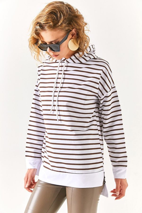 Olalook Olalook Women's Bitter Brown White Hooded Striped Sweatshirt with Side Slits