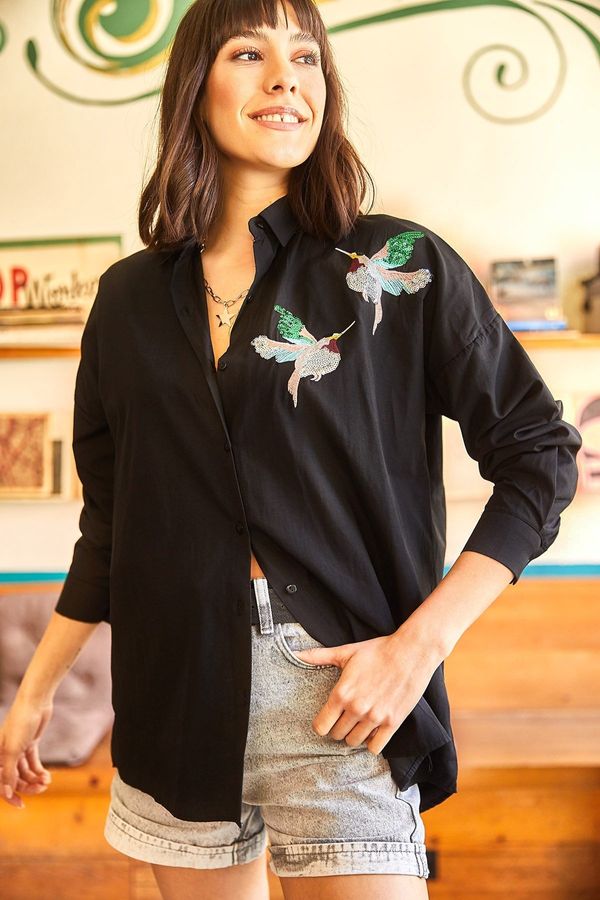 Olalook Olalook Women's Black Bird Sequin Detail Woven Boyfriend Shirt