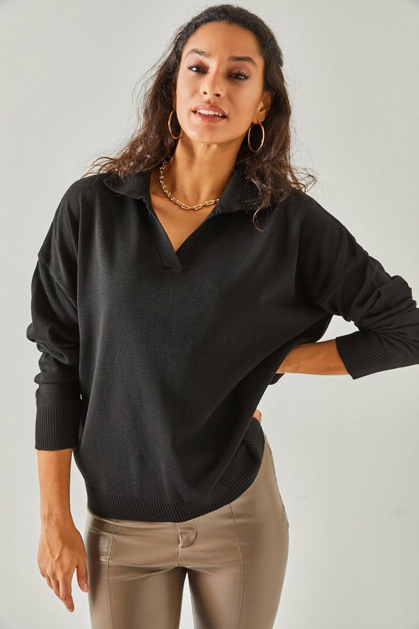 Olalook Olalook Women's Black Polo Neck Oversize Fine Knitwear Sweater
