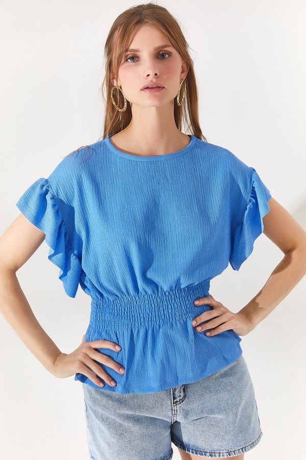 Olalook Olalook Women's Blue Bat Blouse with Elastic Waist and Frilled Sleeves