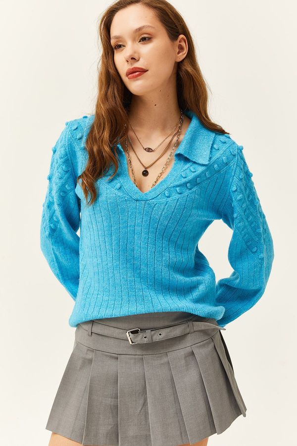 Olalook Olalook Women's Blue Polo Collar Tiny Pompom Soft Textured Knitwear Sweater