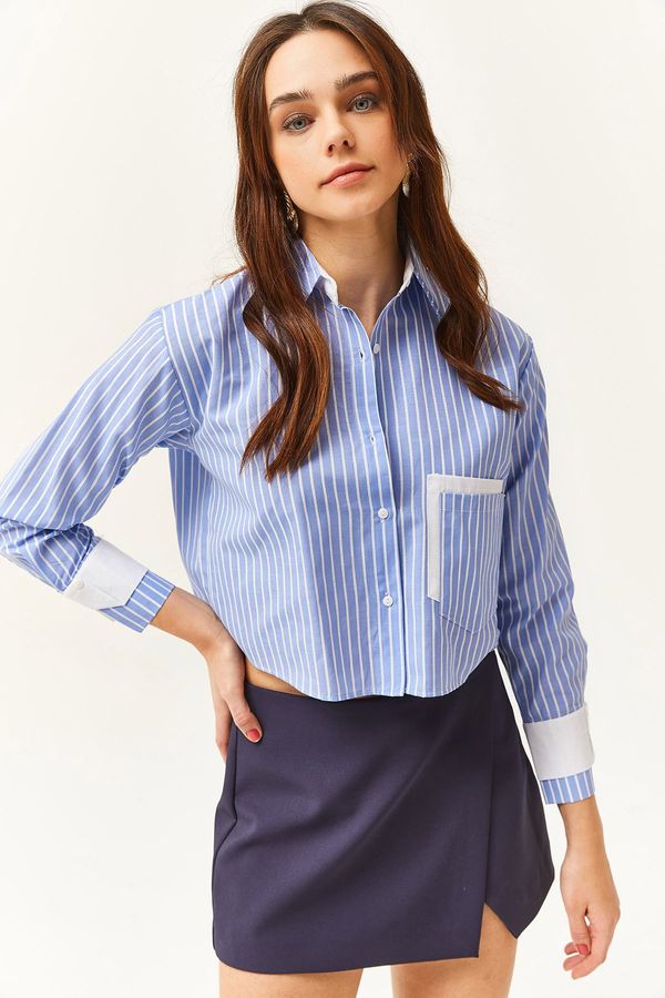 Olalook Olalook Women's Blue White Pocket and Cuff Detail Striped Crop Shirt