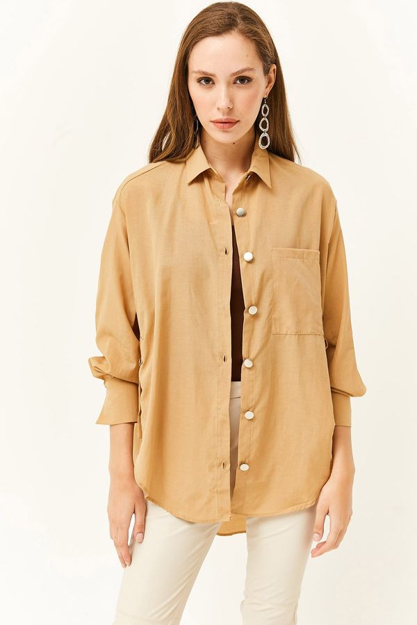 Olalook Olalook Women's Camel Side Button Detailed Oversize Woven Shirt