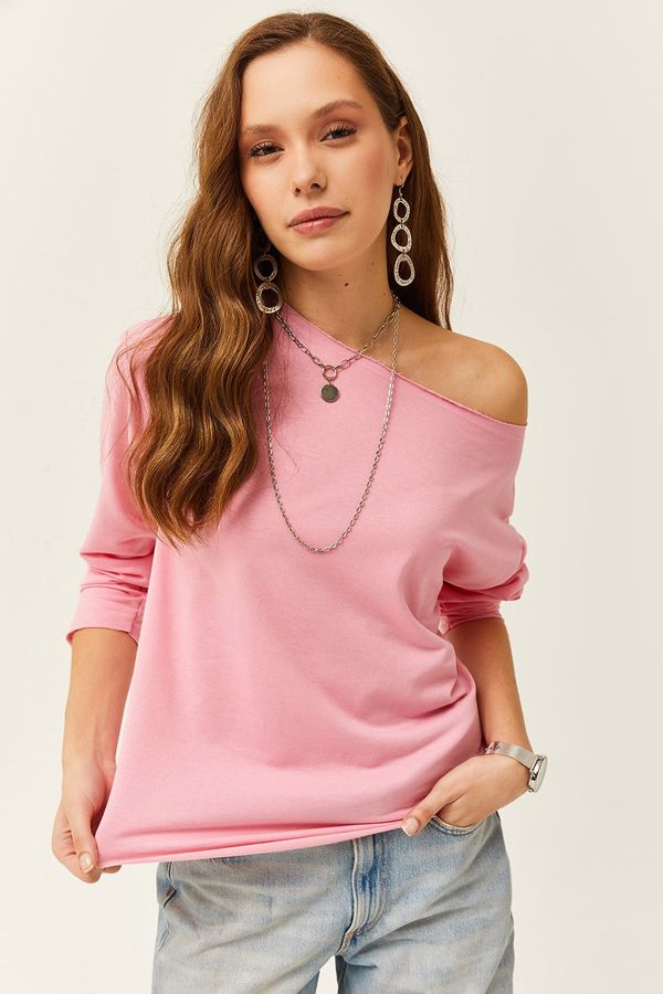 Olalook Olalook Women's Candy Pink Dirty Collar Printed Soft Textured Thin Sweatshirt