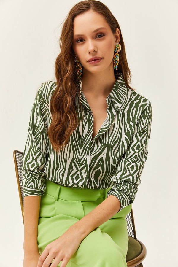 Olalook Olalook Women's Emerald Green Zebra Patterned Viscose Shirt