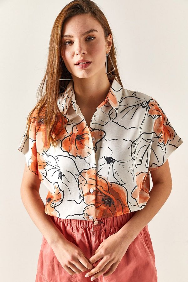 Olalook Olalook Women's Floral Orange Bat Linen Blended Shirt