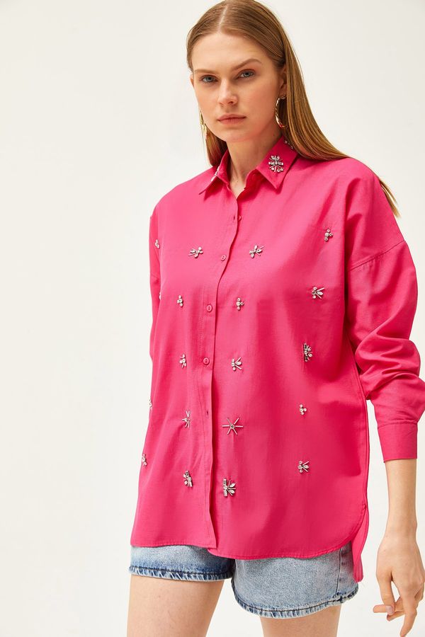 Olalook Olalook Women's Fuchsia Collar and Jewelled Front Six Oval Woven Shirt