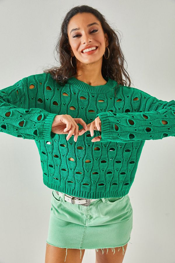 Olalook Olalook Women's Grass Green Large Hole Knitwear Sweater