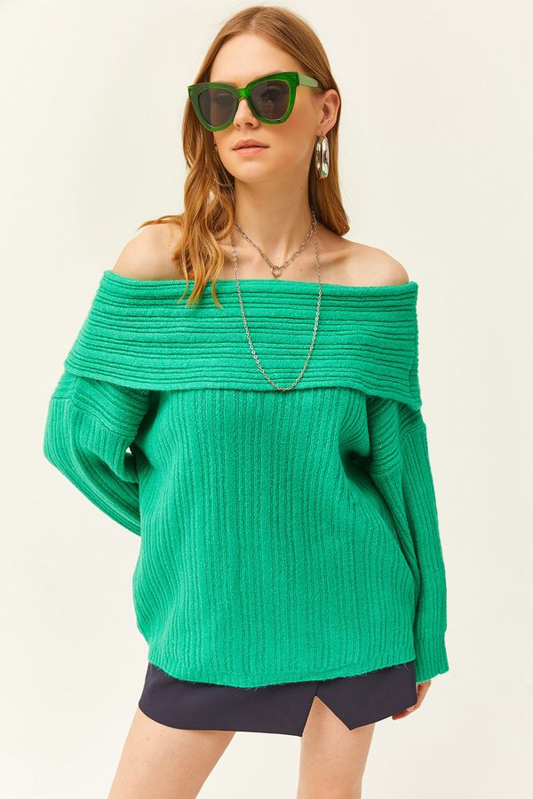 Olalook Olalook Women's Grass Green Madonna Collar Ribbed Loose Knitwear Sweater