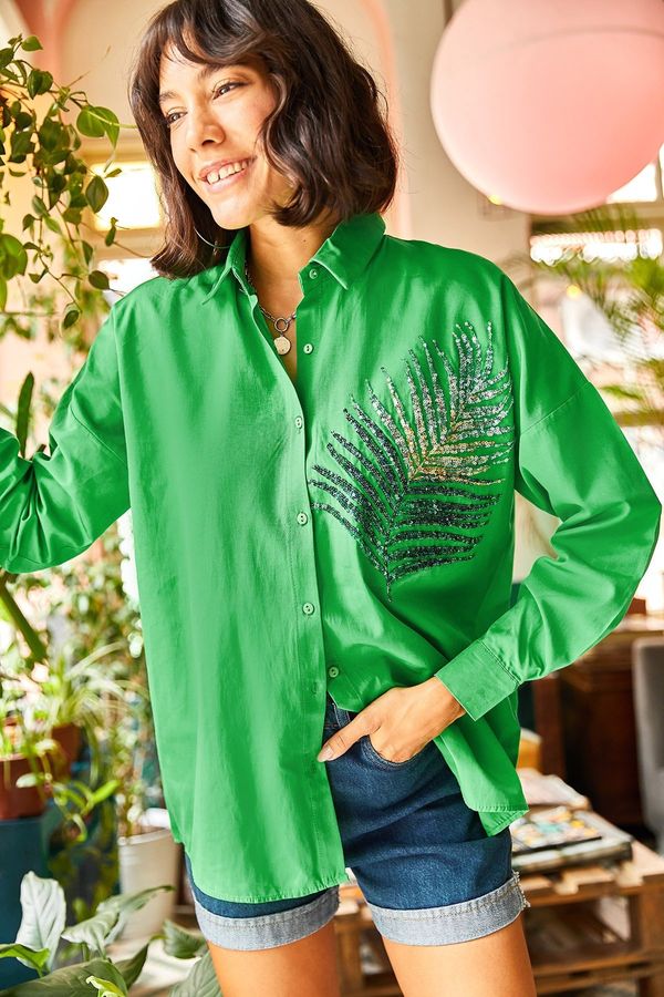 Olalook Olalook Women's Grass Green Palm Sequin Detailed Oversize Woven Poplin Shirt