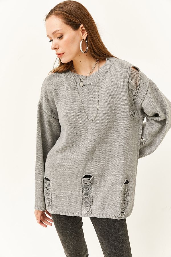 Olalook Olalook Women's Gray Ripped Detailed Oversize Knitwear Sweater