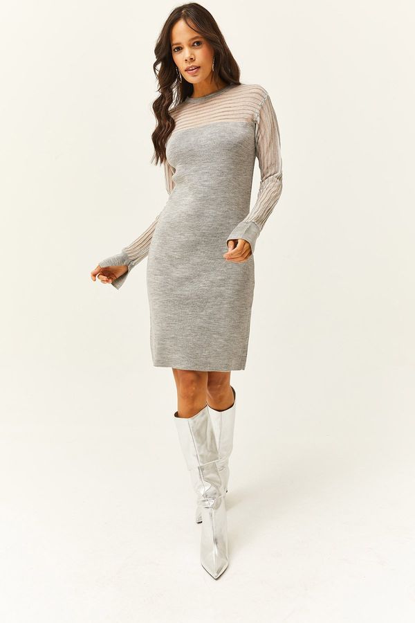 Olalook Olalook Women's Gray Transparent Tulle Detail Mini Knitwear Dress