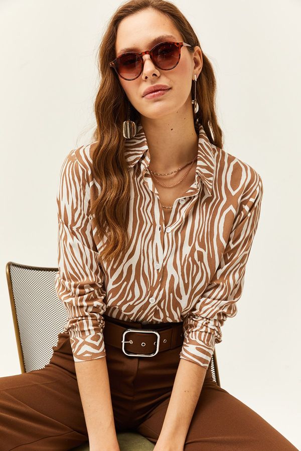 Olalook Olalook Women's Mink Zebra Patterned Viscose Shirt