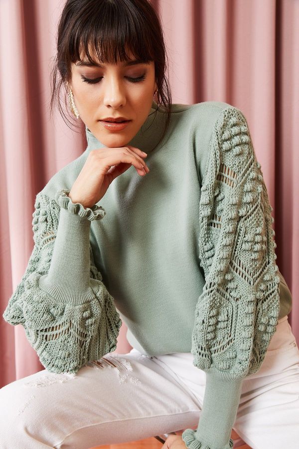 Olalook Olalook Women's Mint Green Sleeve Detail, Soft Textured Knitwear Sweater