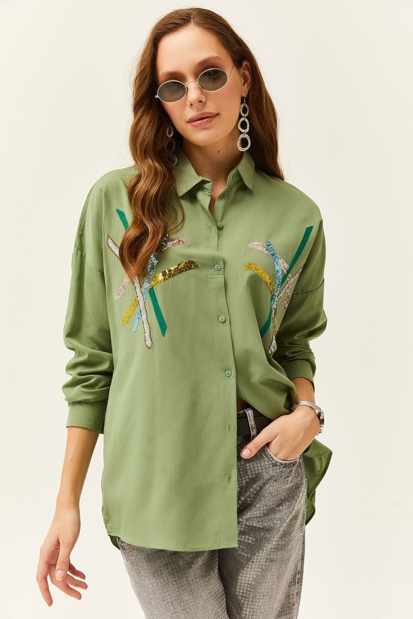Olalook Olalook Women's Mustard Green Color Sequin Stick Woven Shirt