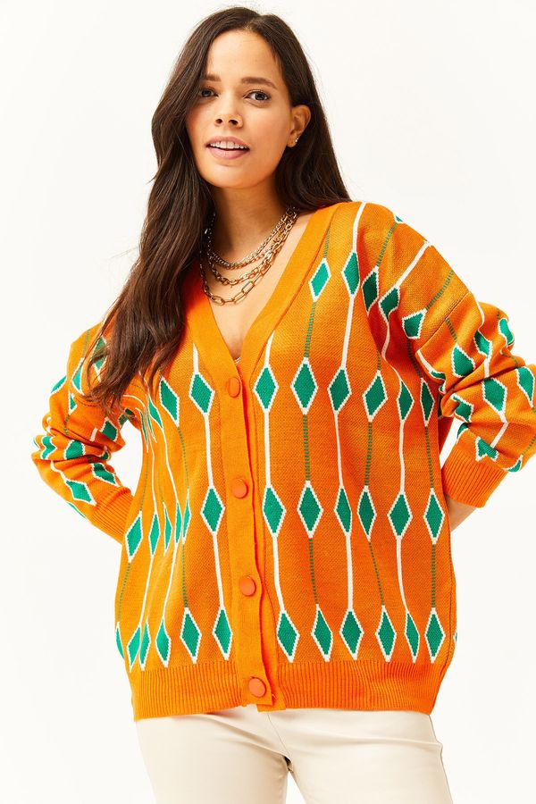 Olalook Olalook Women's Orange Diamond Pattern Oversize Knitwear Cardigan