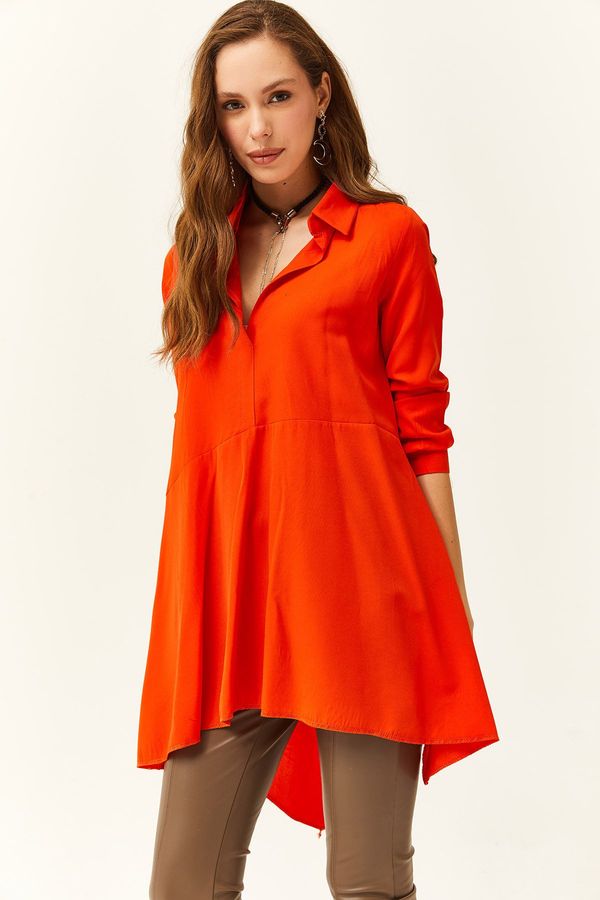 Olalook Olalook Women's Orange Shirt Collar Asymmetric Tunic
