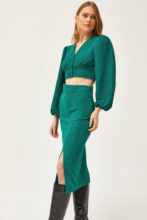 Olalook Olalook Women's Petrol Green Slit Skirt Knitted Suit