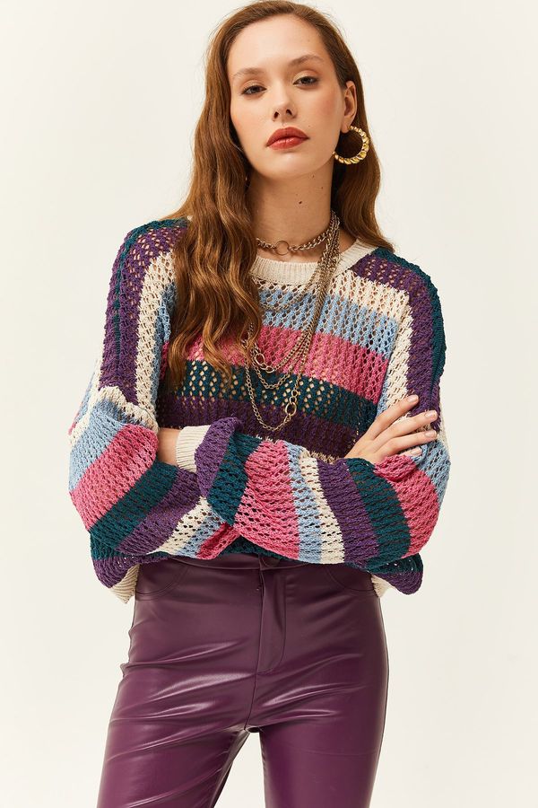Olalook Olalook Women's Purple Blue Fuchsia Color Striped Openwork Knitwear Sweater