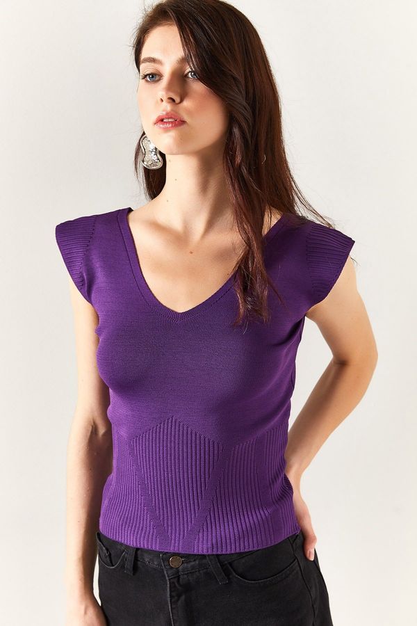 Olalook Olalook Women's Purple Shoulder And Skirt Detailed Front Back V Knitwear Blouse