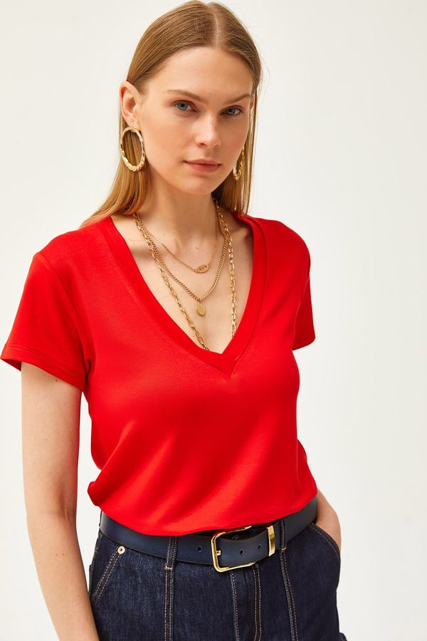 Olalook Olalook Women's Red Deep V-Neck Modal Button T-Shirt