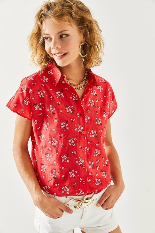 Olalook Olalook Women's Red Floral Print Linen Bat Shirt