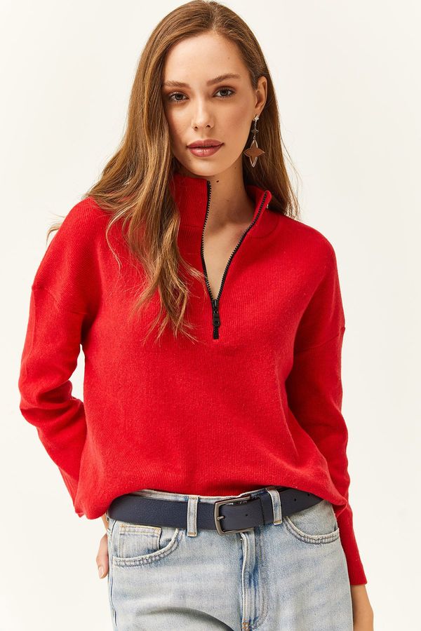 Olalook Olalook Women's Red Zipper High Neck Raised Sweater
