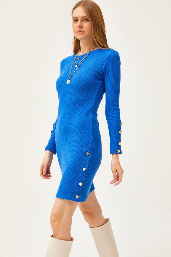 Olalook Olalook Women's Saxe Blue Cuff and Skirt Button Detailed Raised Mini Dress