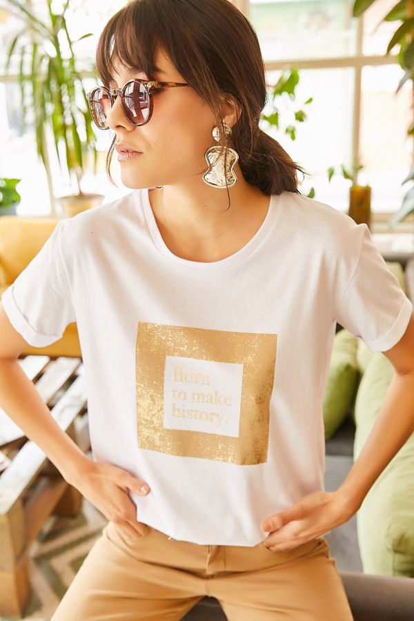 Olalook Olalook Women's White Glitter Detailed T-shirt