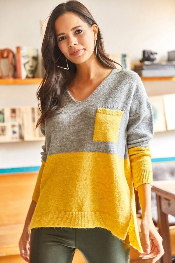 Olalook Olalook Women's Yellow Gray V-Neck Pocket Color Block Soft Textured Knitwear Sweater