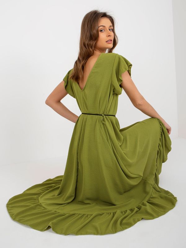 Fashionhunters Olive dress with ruffle and braided belt