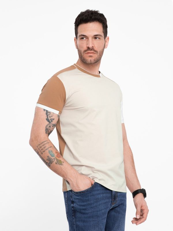 Ombre Ombre Men's elastane t-shirt with colored sleeves - brown