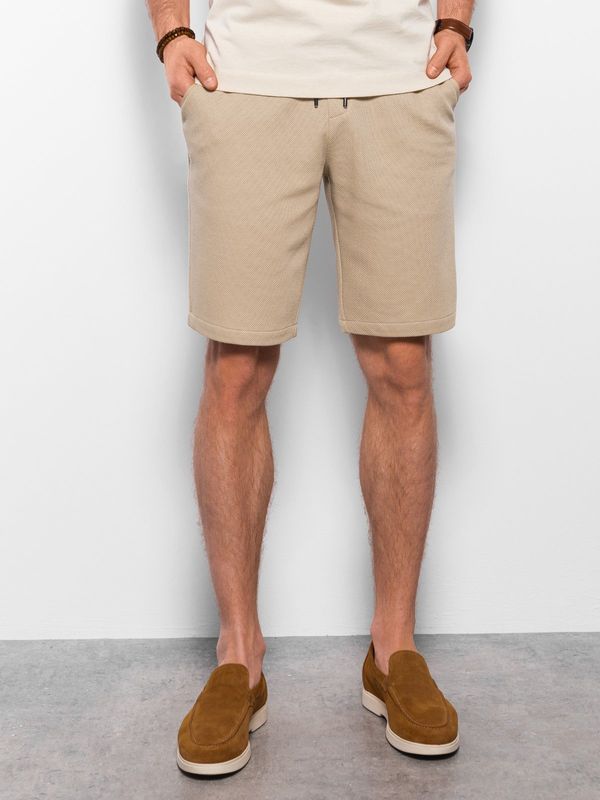 Ombre Ombre Men's knitted shorts with decorative elastic waistband - beige