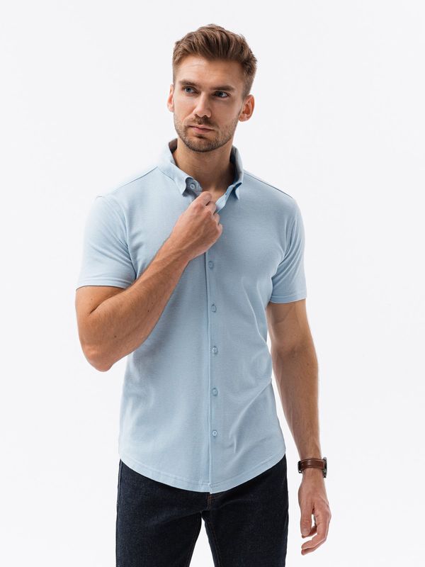 Ombre Ombre Men's knitted slim fit shirt with short sleeves and collar - blue