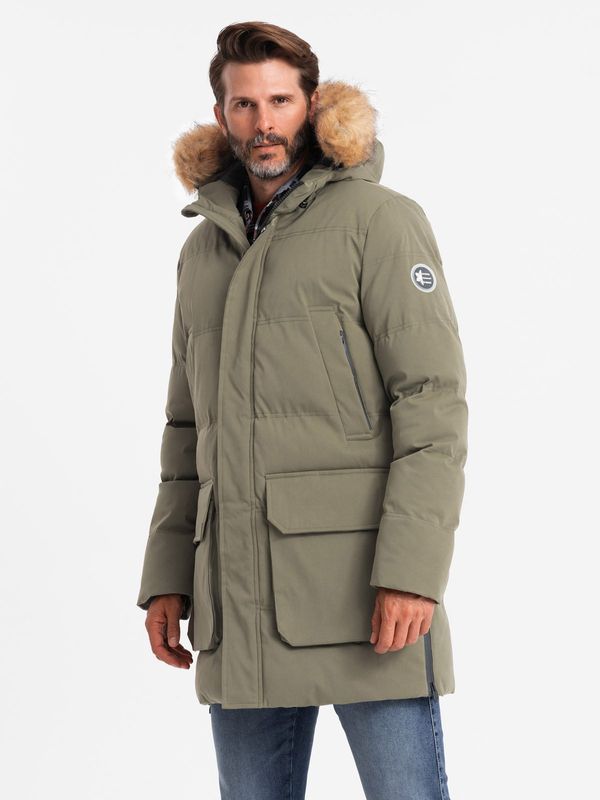 Ombre Ombre Men's long parka jacket with flared bottom - dark olive green