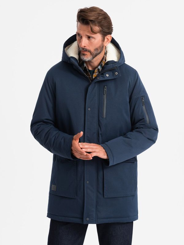 Ombre Ombre Men's long parka sherpa jacket – navy blue