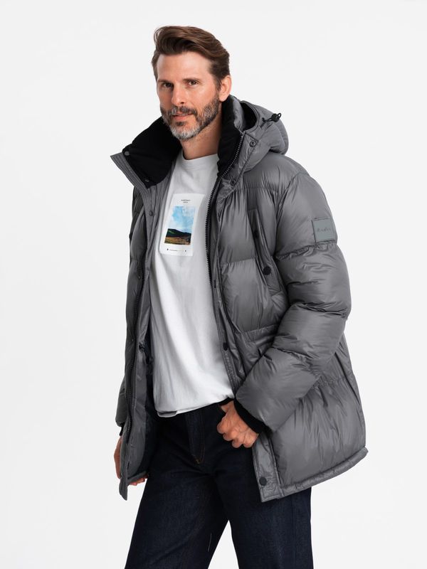 Ombre Ombre Men's long puffer jacket with snap pockets - graphite