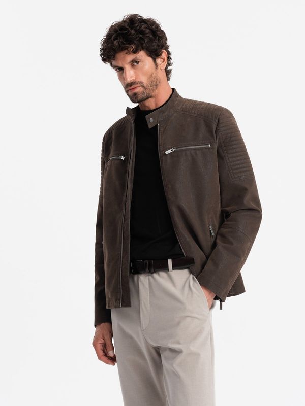 Ombre Ombre Men's retro biker jacket with stand-up collar - brown